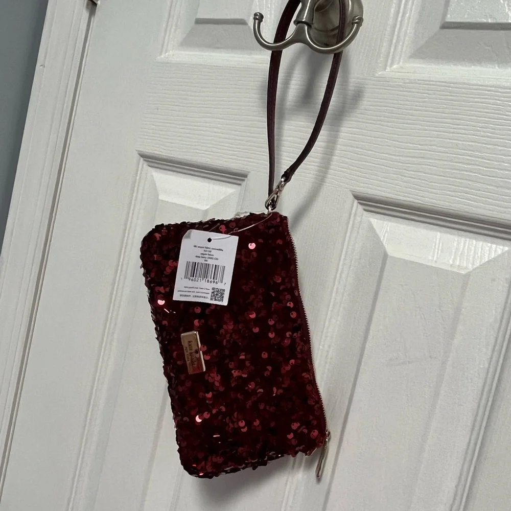 Kate Spade NY Kiki Sequin Fabric Convertible Bag Purse Wristlet Deep Berry New - Picture 16 of 16